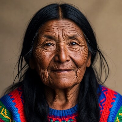 Indigenous elderly woman in colorful sweater