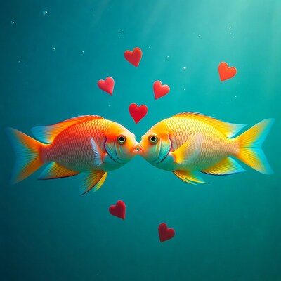 Two goldfish kissing underwater