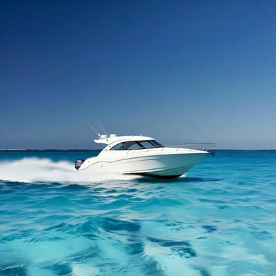 White speedboat racing on turquoise sea