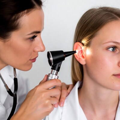 Doctor examining girl's ear with otoscope