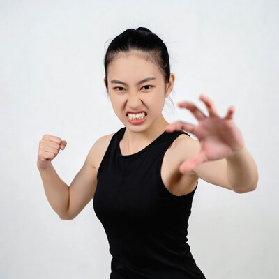 Asian woman snarling with claws and fist
