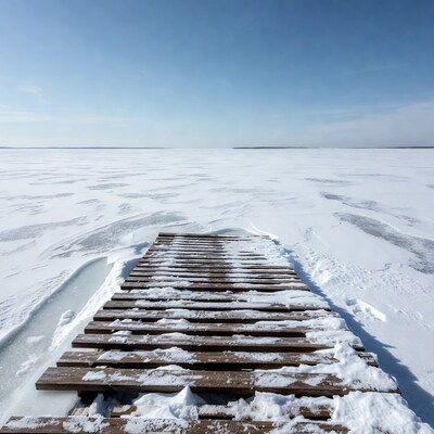 Snowy Wooden Pier on Frozen Lake