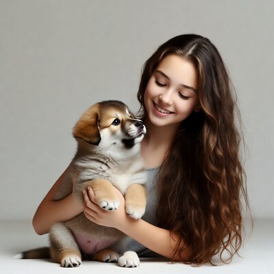 Girl holding cute corgi puppy