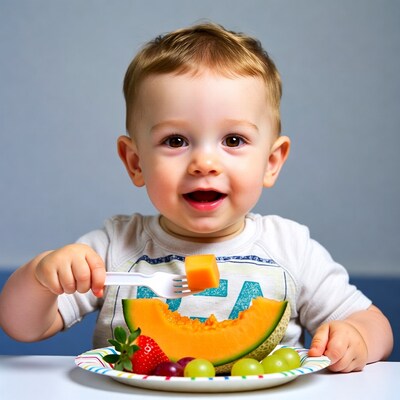 Baby eating cantaloupe with fork