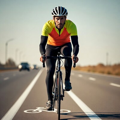 Man cycling on road in helmet