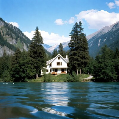 White house by lake with mountains