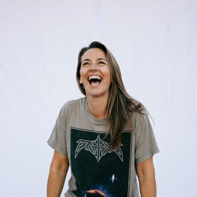 Woman laughing in Strapping Young Lad t-shirt