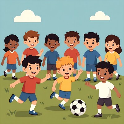 Diverse kids playing soccer illustration