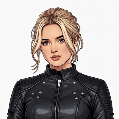 Blonde woman in black leather jacket