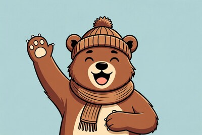 Cartoon bear waving in winter hat