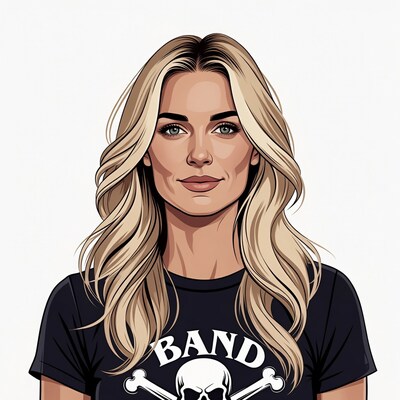 Blonde woman in Band skull t-shirt