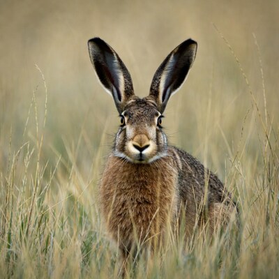 Jackrabbit standing in dry grass