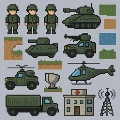 Pixel Art Military Soldiers Vehicles