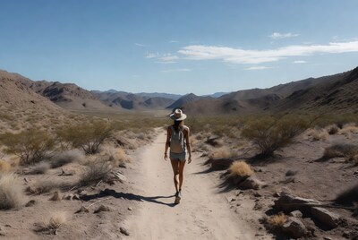 Woman hiking desert trail with backpack