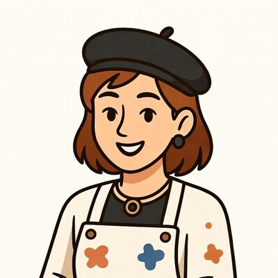 Smiling woman in beret and paint-splattered overalls