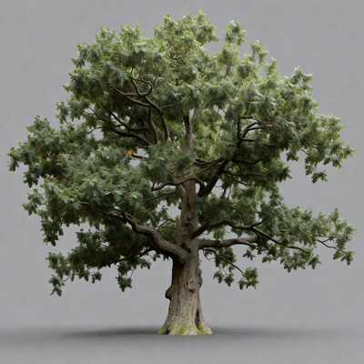 3D Oak Tree on Gray Background