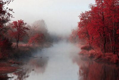 Red Autumn Trees Along Misty River