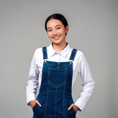 Asian woman in denim overalls smiling
