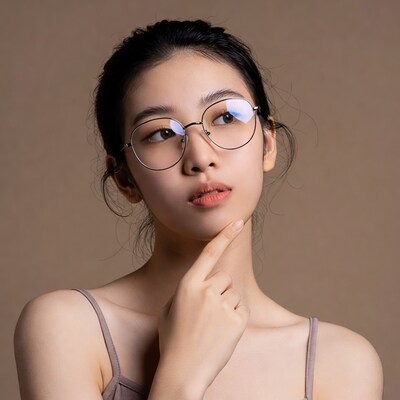 Asian woman thinking with finger on chin