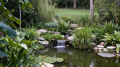 Garden pond with waterfall and lush plants