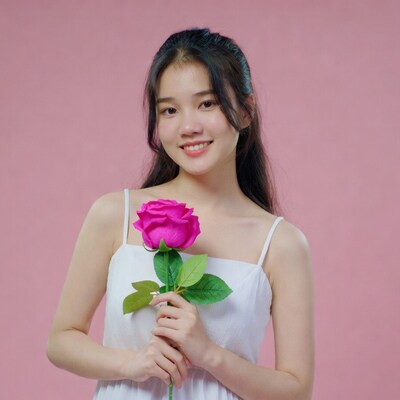 Asian woman holding pink rose