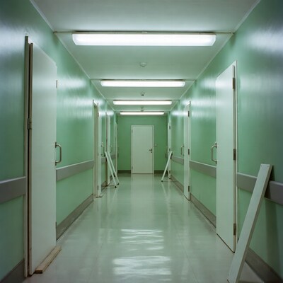 Empty Hospital Corridor with Green Walls
