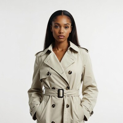 African-American woman in beige trench coat