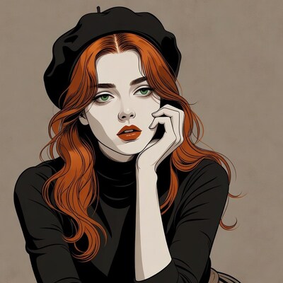 Redhead woman in black beret