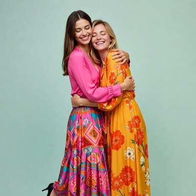 Two women hugging in colorful dresses
