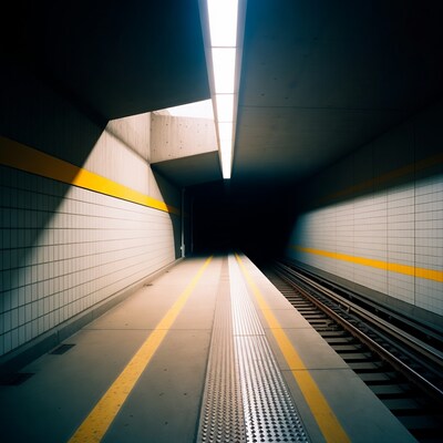 Empty subway platform with yellow lines