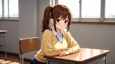 Anime girl at school desk