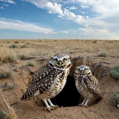 Burrowing Owls Emerging from Burrow