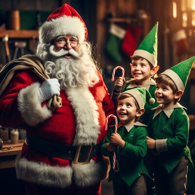 Santa Claus with Elves Holding Candy Canes