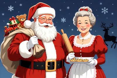 Santa Claus and Mrs. Claus with cookies