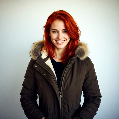 Smiling redhead woman in fur hood jacket