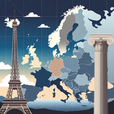 Eiffel Tower over Europe Map
