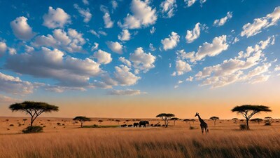 Elephants and Giraffe in Savanna Sunset