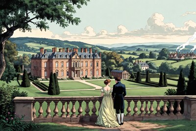 Victorian couple on mansion balcony