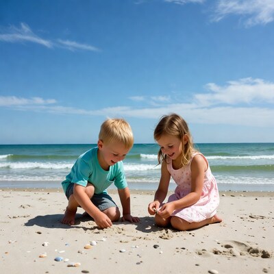 Boy and girl picking seashells on beach