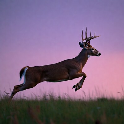 Buck leaping over grass at sunset