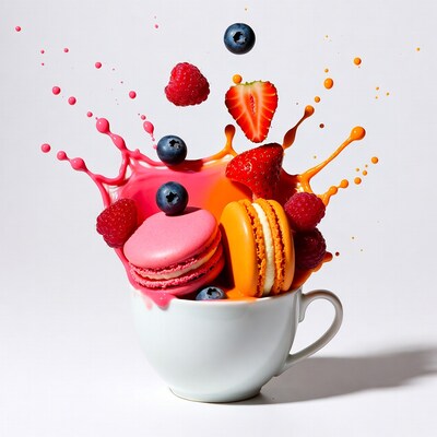 White Cup with Macarons Berries Splashes