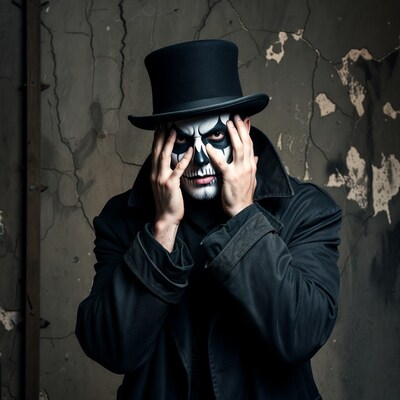 Man in skull makeup covering eyes