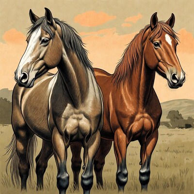 Bay and Chestnut Horses in Field
