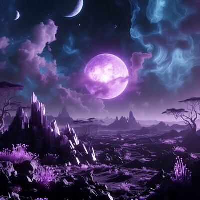 Purple Moon Over Alien Landscape