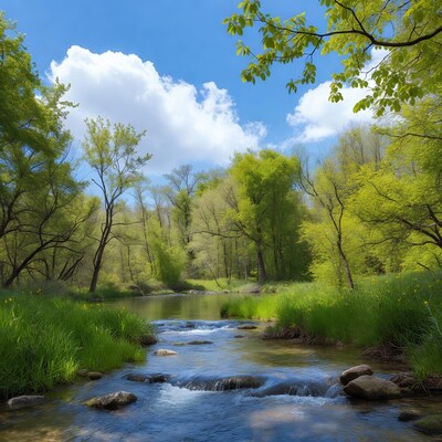 Serene Forest Stream with Green Trees
