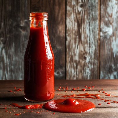 Ketchup Bottle with Spill on Wood