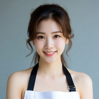 Asian woman smiling in white apron