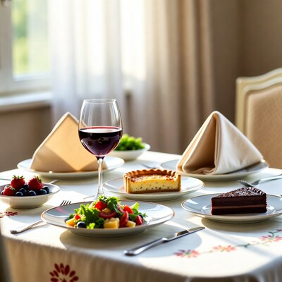 Elegant Table with Wine, Salad, Cake