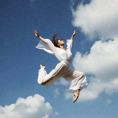 Woman jumping in white dress among clouds