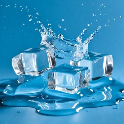 Ice Cubes Splashing Water Blue Background